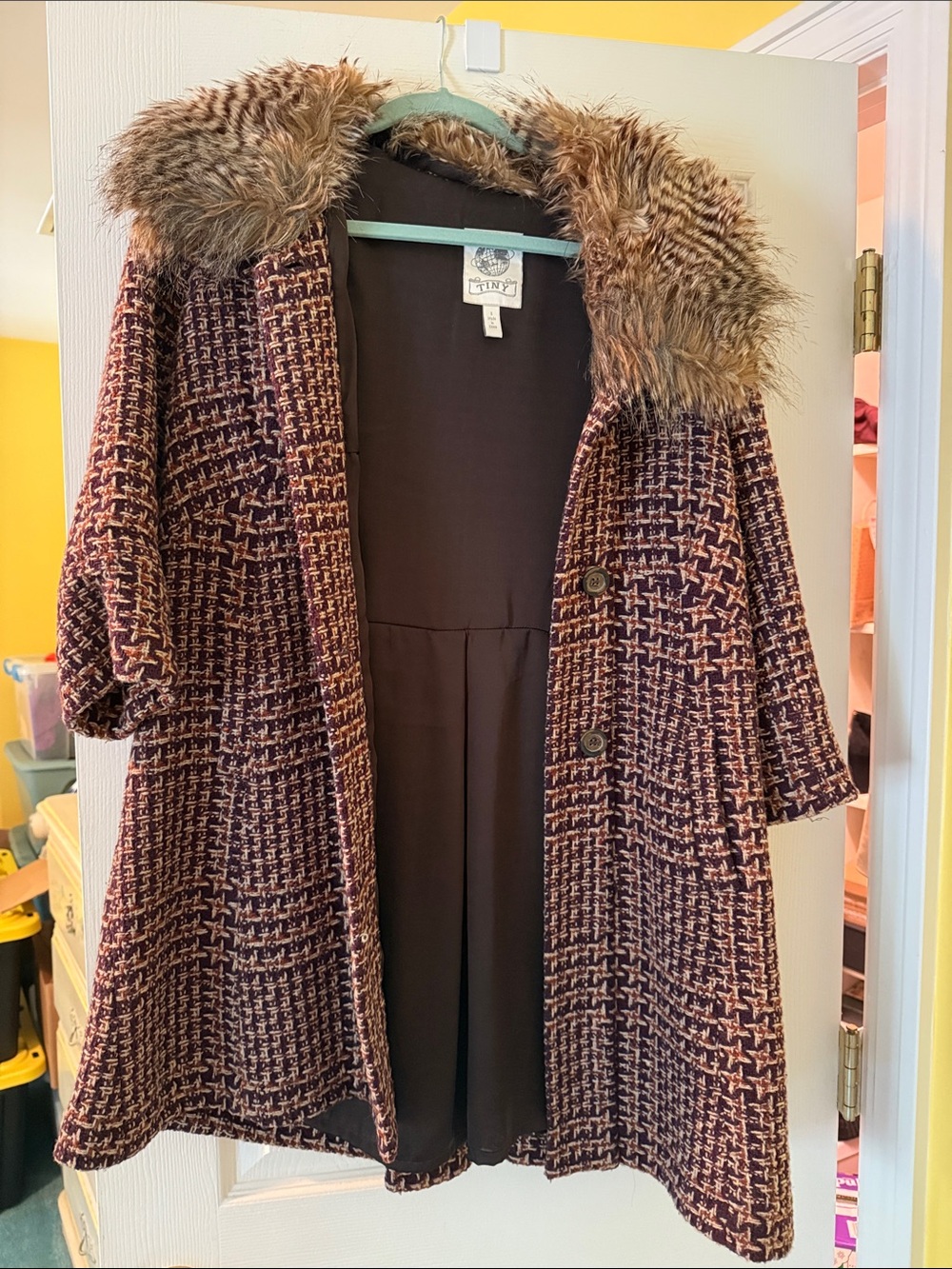 Anthropologie Tiny Faux Fur Collar Tweed Coat - Burgundy & Camel